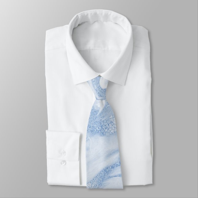 Groomsmen Clear Water Blue Marbled Wedding Tie (Tied)