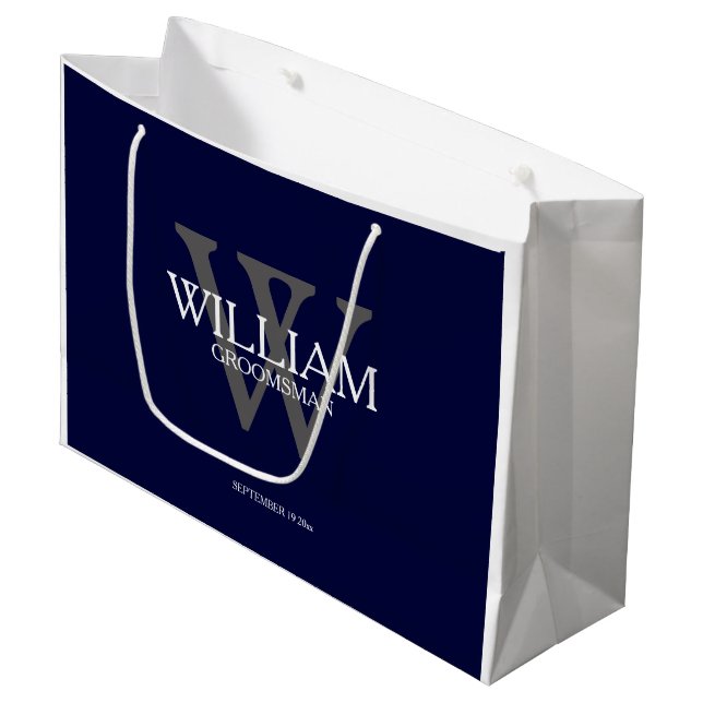 Groomsmen Custom Modern Minimal Navy Blue Gift Bag (Front Angled)