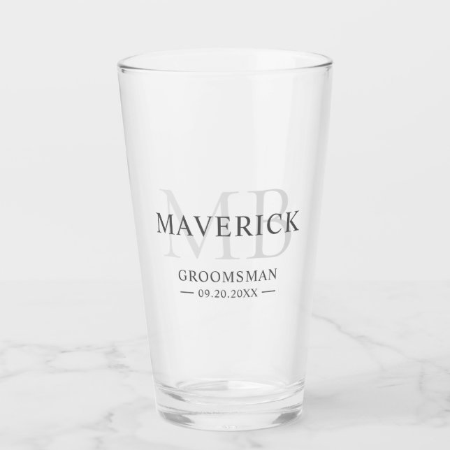 Groomsmen Gift Modern Trendy Monogram Initial Beer Glass (Front)