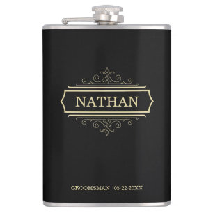 Groomsmen Gift Personalised Flask Black Gold Name