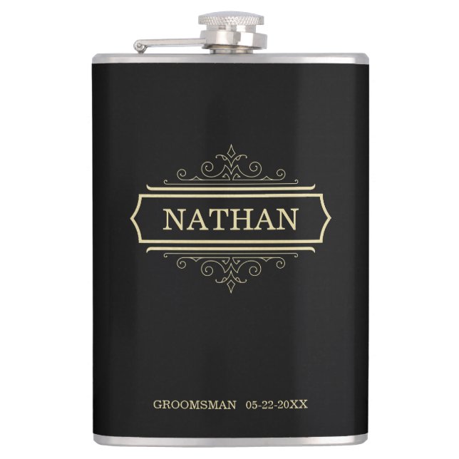 Groomsmen Gift Personalised Flask Black Gold Name (Front)