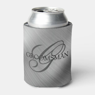 Groomsmen Monogram Brushed Silver Can Cooler