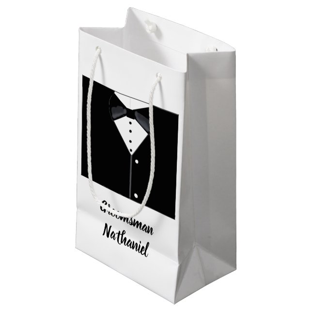 Groomsmen Personalised Black Tuxedo Small Gift Bag (Front Angled)