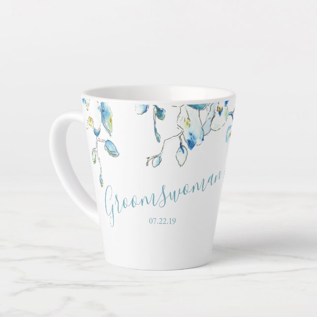 Groomswoman Gift Blue Watercolor Orchid Mug (Left Angle)