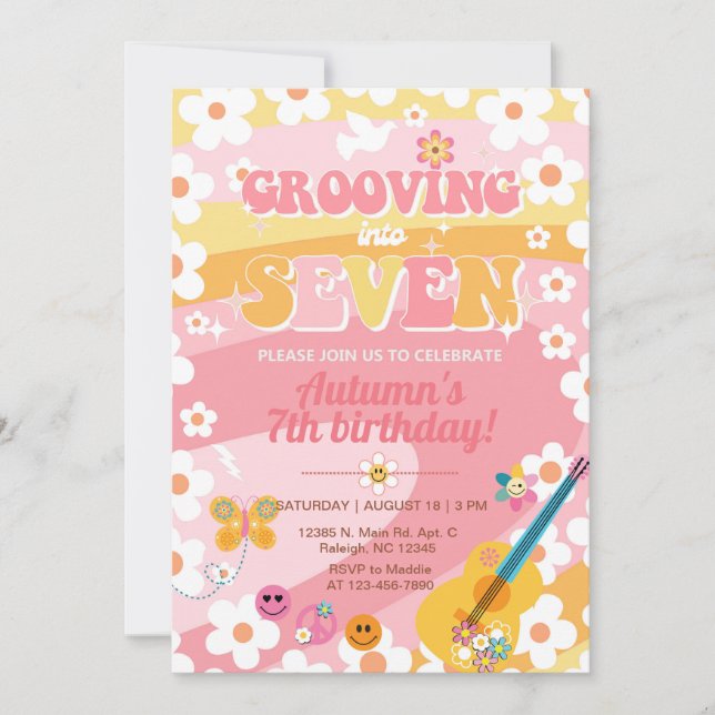 Grooving into Seven Groovy girl 7th birthday. Invitation (Front)
