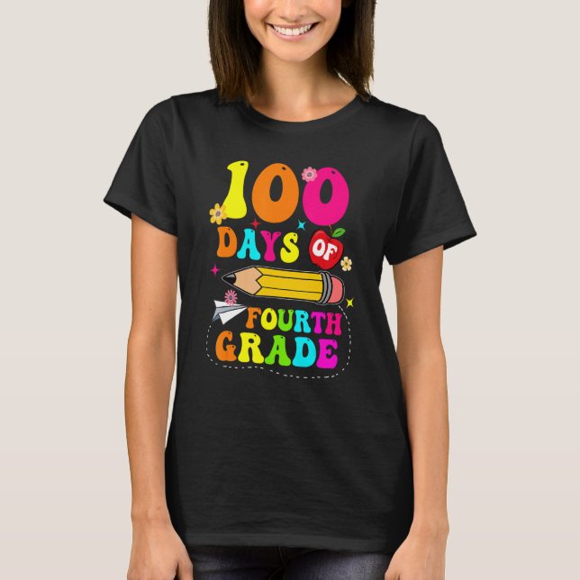 Groovy 100 Days Of Fourth Grade Kids Teacher 100th T-Shirt (Front)