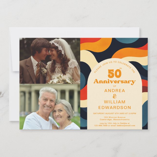 Groovy 1970s Then & Now Wedding Anniversary Photo Invitation (Front)