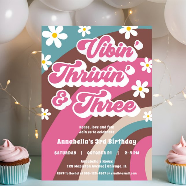 Groovy 3rd birthday Vibin' Thrivin' THREE retro Invitation (Creator Uploaded)