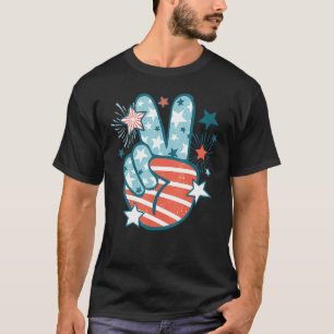 Groovy 4th Of July Peace Hand Sign USA Flag Freedo T-Shirt
