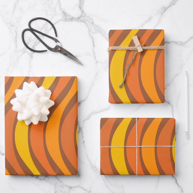 Groovy 60s 70s Abstract Wavy Lines Orange Brown Wrapping Paper Sheet (Front)