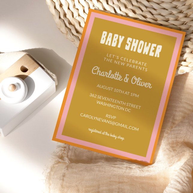 Groovy 60s 70s Colourful Pink Mustard Baby Shower Invitation (Creator Uploaded)