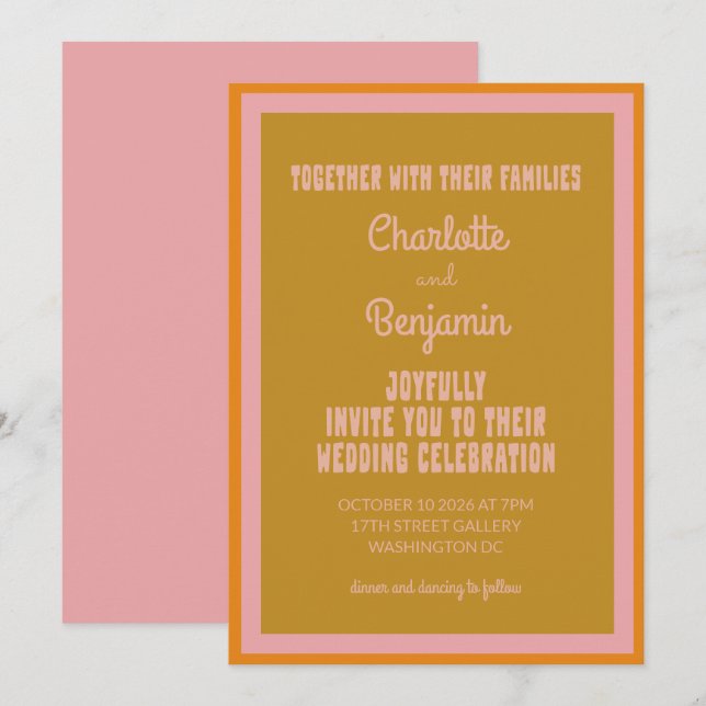 Groovy 60s 70s Colourful Pink Mustard Wedding Invitation (Front/Back)