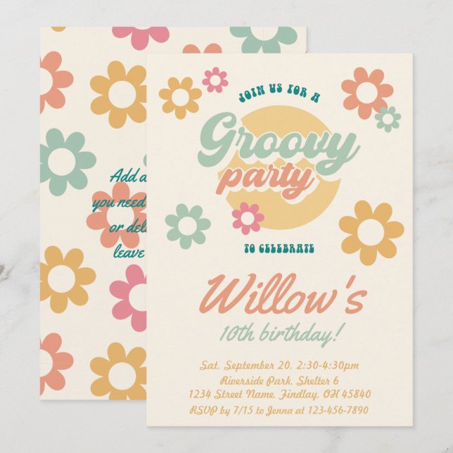Groovy 60's 70's Flowers Birthday Party, Any Age Invitation (Front/Back)