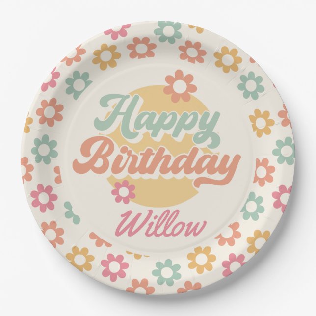 Groovy 60's 70's Flowers Birthday Party, Any Age Paper Plate (Front)