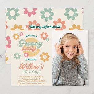 Groovy 60's 70's Flowers Photo Birthday, Any Age Invitation