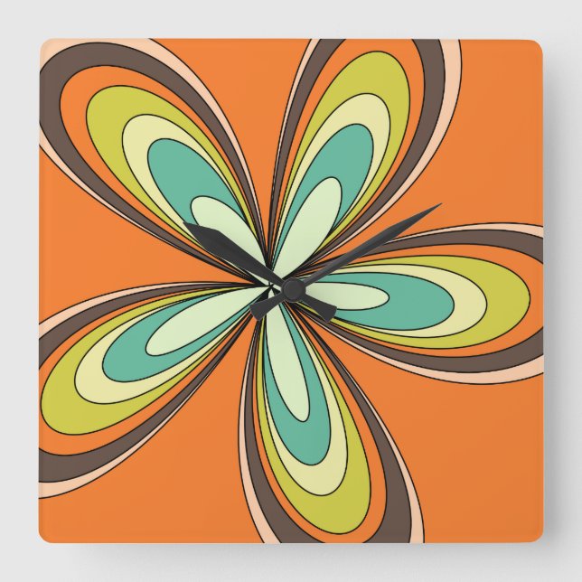 Groovy 60s 70s Hippie Flower Orange Retro Daisy Square Wall Clock (Front)