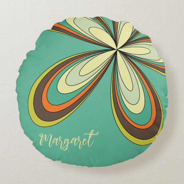 Groovy 60s 70s Hippie Flower Turquoise Daisy Name Round Cushion (Front)