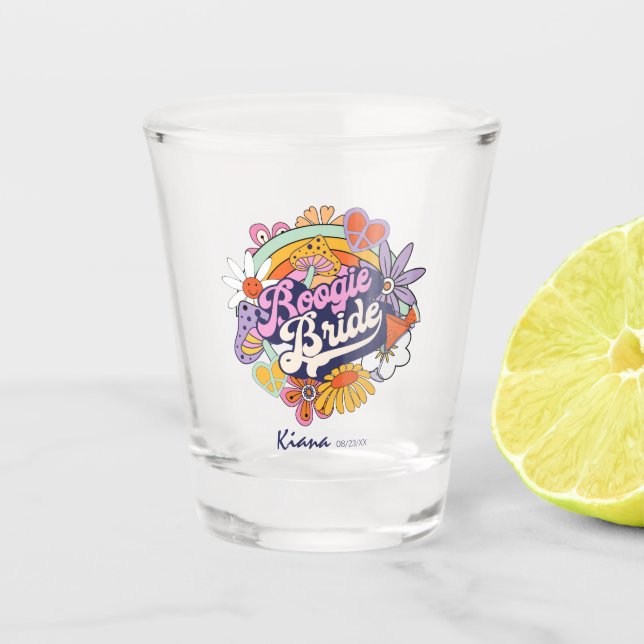 Groovy 70s Bachelorette Boogie Bride ID929 Shot Glass (Front)
