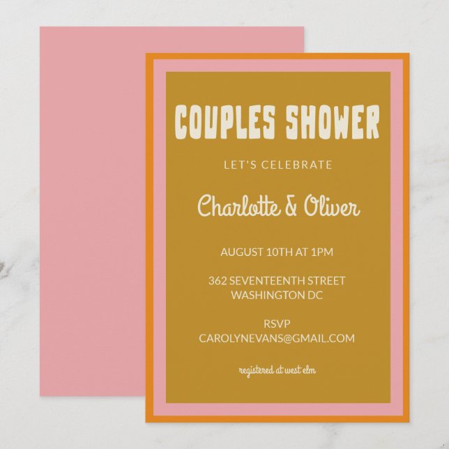 Groovy 70s Colourful Pink Mustard Couples Shower Invitation (Front/Back)
