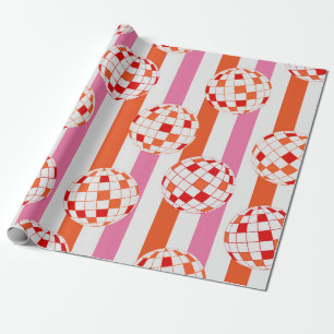 Groovy 70s Disco Balls on Pink and Orange Stripes Wrapping Paper