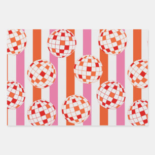 Groovy 70s Disco Balls on Pink and Orange Stripes Wrapping Paper Sheet