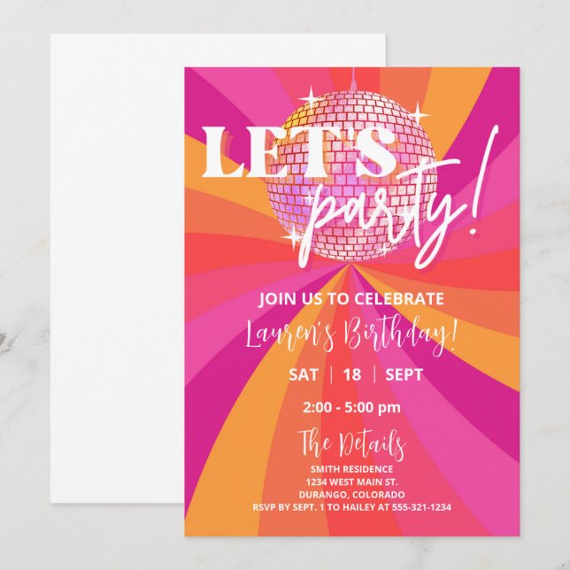 Groovy 70s Disco Birthday Party Invitation, SARA Invitation (Front/Back)