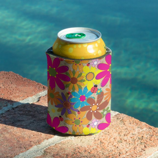 Groovy 70s Hippie Floral Retro Flower Power Can Cooler (In Situ Pool)
