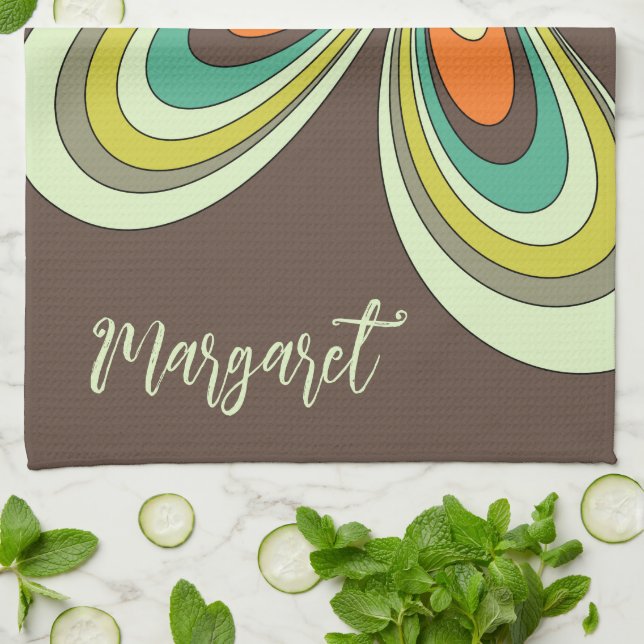 Groovy 70s Hippie Flower Brown Retro Daisy Name Tea Towel (Folded)