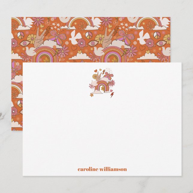 Groovy 70s Hippie Peace Orange Bat Mitzvah Custom Thank You Card (Front/Back)
