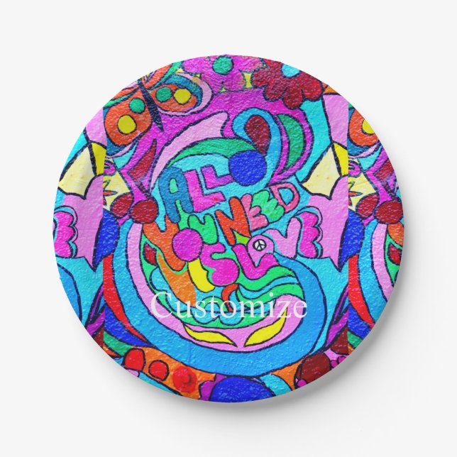 Groovy 70's hippie-style love peace flowers paper plate (Front)