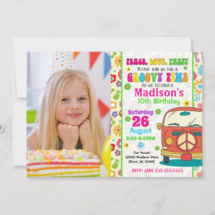 Groovy 70s Hippie Van Themed Photo Birthday Invitation