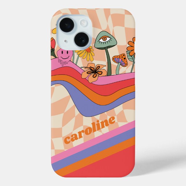 Groovy 70s Mushroom Flower Personalised Peach Case-Mate iPhone Case (Back)
