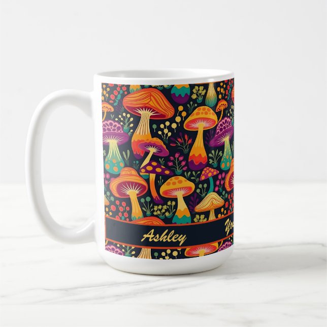 Groovy 70s Mushrooms Pattern Personalised  Coffee Mug (Left)