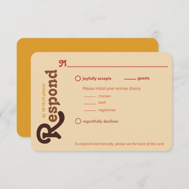Groovy 70s Orange Brown Respond Please Wedding RSVP Card (Front/Back)