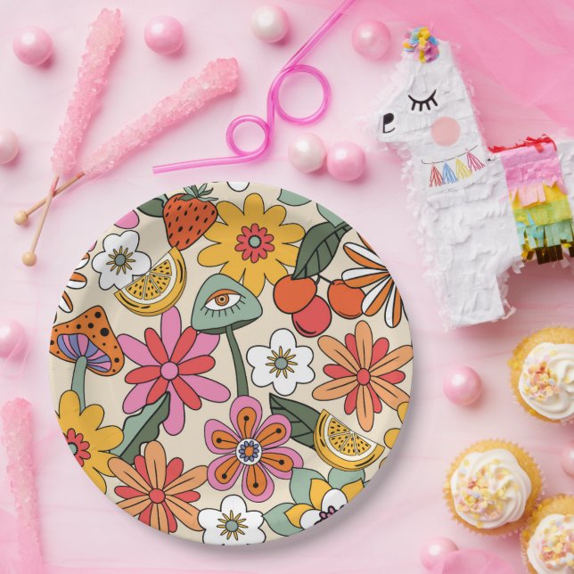 Groovy 70's, Orange, Pink, & Green Floral Paper Plate (Party)