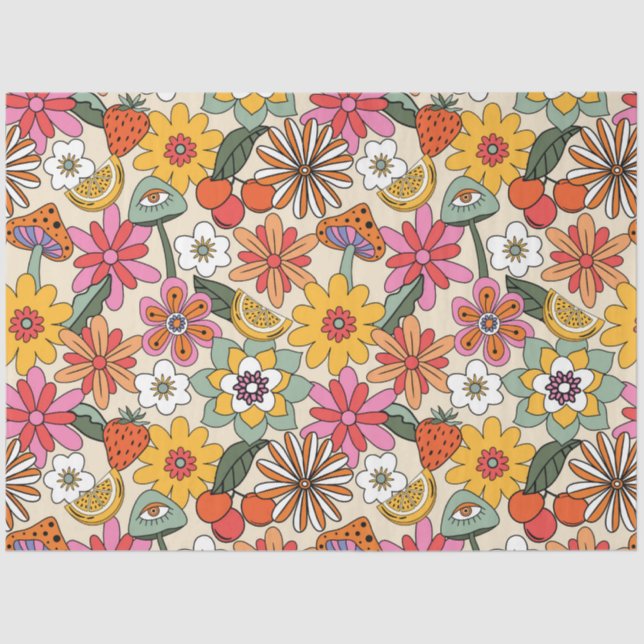 Groovy 70's, Orange, Pink, & Green Floral Tissue Paper (Front)