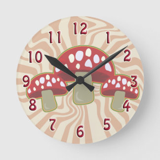 Groovy 70's Red Top Mushrooms Round Clock