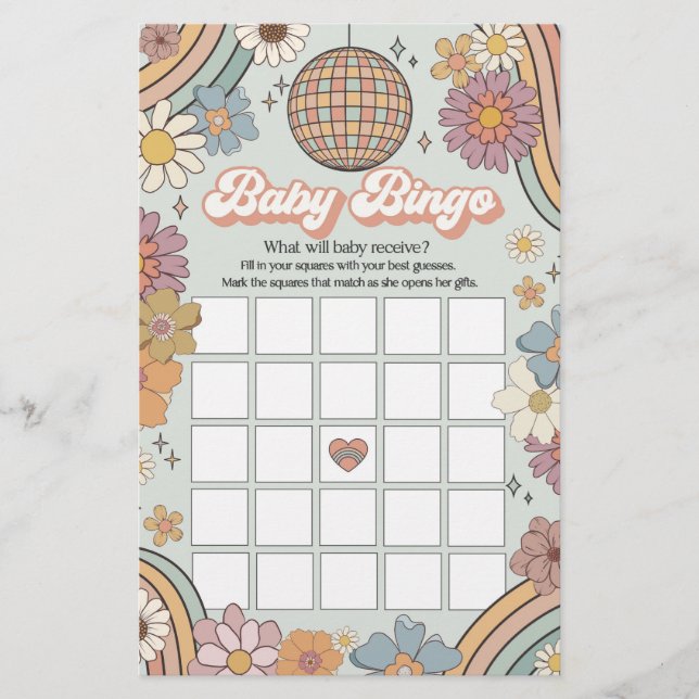 groovy 70s retro baby shower game baby bingo (Front)