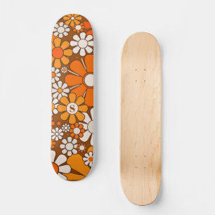 Groovy 70s Retro Flowers Brown & Orange w/ Initial Skateboard