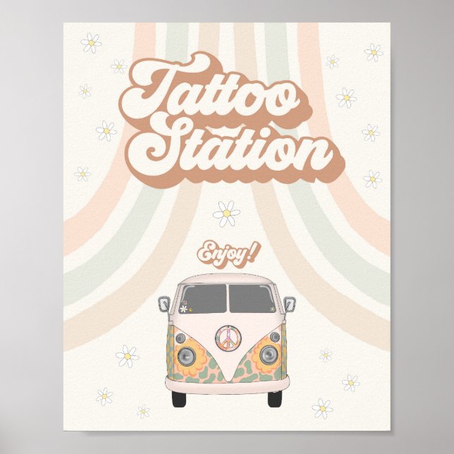 groovy 70s retro tattoo station favour sign (Front)