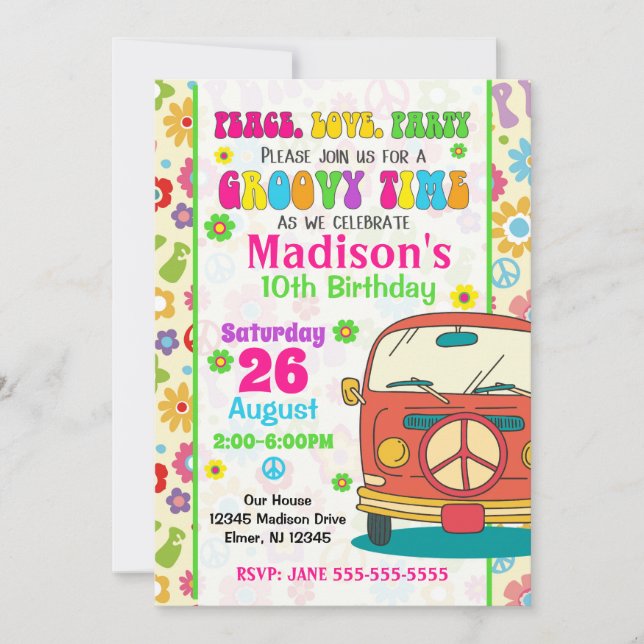 Groovy 70s Themed Birthday Invitation / Hippie Van (Front)