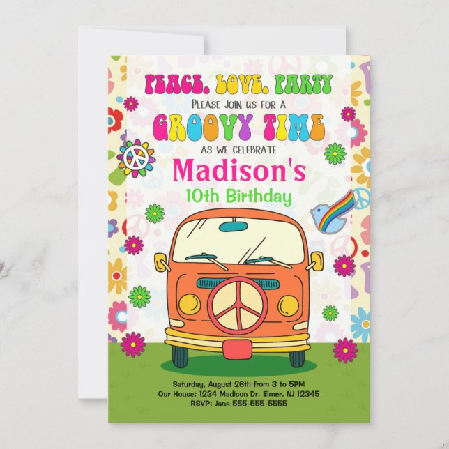 Groovy 70s Themed Birthday Invitation / Hippie Van (Front)