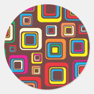Groovy 70s Tile Pattern Squares On Brown Classic Round Sticker