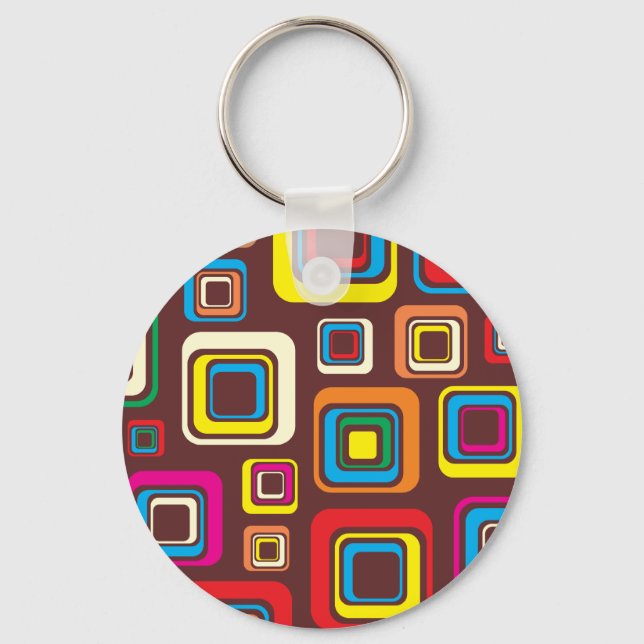 Groovy 70s Tile Pattern Squares On Brown Key Ring (Front)