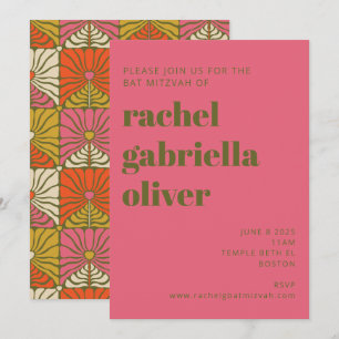 Groovy 70s Vintage Pink Green Floral Bat Mitzvah Invitation