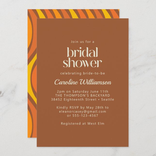 Groovy 70s Wavy Lines Orange Brown Bridal Shower Invitation (Front/Back)