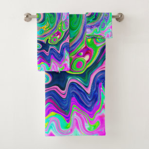 Groovy Abstract Aqua and Navy Lava Swirl Bath Towel Set
