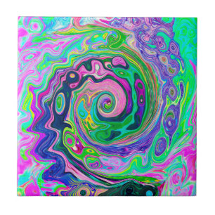 Groovy Abstract Aqua and Navy Lava Swirl Tile