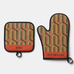 Groovy Abstract Grateful Thankful Blessed Oven Mitt & Pot Holder Set