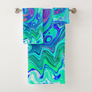 Groovy Abstract Ocean Blue and Green Liquid Swirl Bath Towel Set